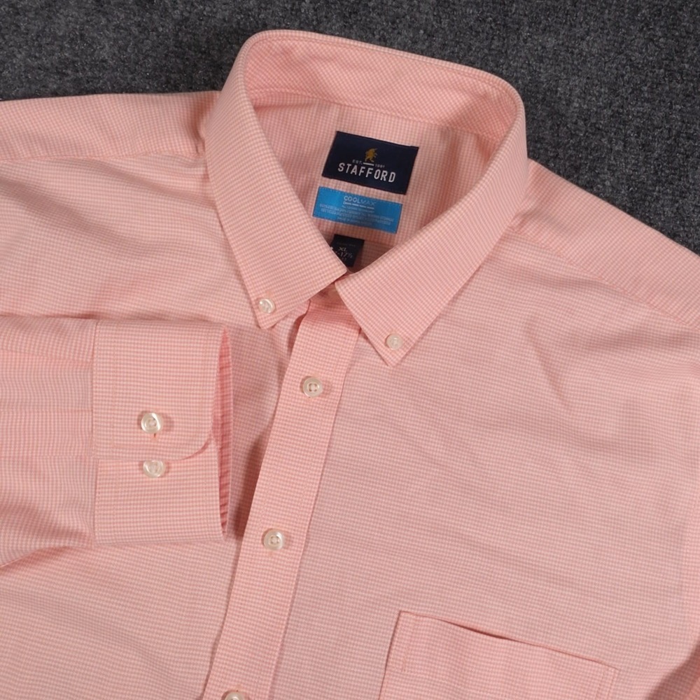 Stafford CoolMax Shirt Mens XL (17-17.5) Pink Houndstooth Button Down Slim Fit